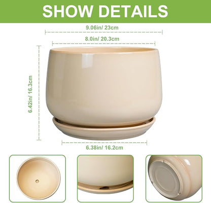 G EPGardening Ceramic Plant Pots - 9 Inch Round Planter, Ceramic Flower Pots with Drainage and Saucer, Modern Indoor Outdoor Planter, Room Decor, Home Gifts, Beige