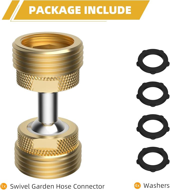 Swivel All-Metal Garden Hose Adapter, 3/4" GHT Hose Protector, Male to Male | Solid Brass Flexible Pipe Kink Protector, Dual 65° Big Rotation at Both Ends, Outdoor Faucet Connector