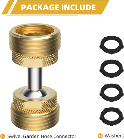 Swivel All-Metal Garden Hose Adapter, 3/4" GHT Hose Protector, Male to Male | Solid Brass Flexible Pipe Kink Protector, Dual 65° Big Rotation at Both Ends, Outdoor Faucet Connector