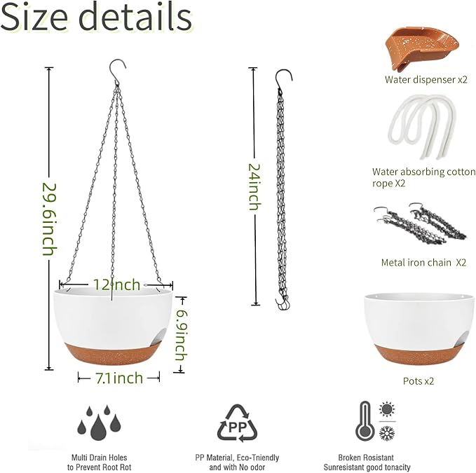 12 Inch Self Watering Hanging Planters 2 Pack, White Brown | Plastic planters with drainage holes and saucers. Suitable for indoor, outdoor, kitchen, balcony and garden plant decor.