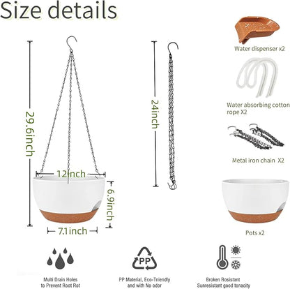12 Inch Self Watering Hanging Planters 2 Pack, White Brown | Plastic planters with drainage holes and saucers. Suitable for indoor, outdoor, kitchen, balcony and garden plant decor.