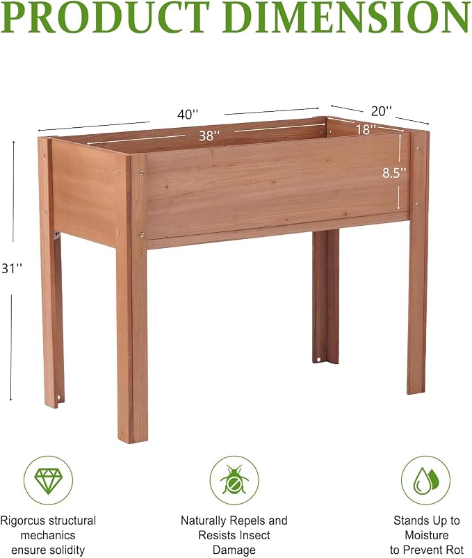 Raised Garden Bed with Legs, 40x20x31 in Planter Boxes Outdoor, Elevated Wooden Planter Box Standing Growing Bed for Gardening, Backyard, Patio and Balcony (Coffee, 40x20x31)