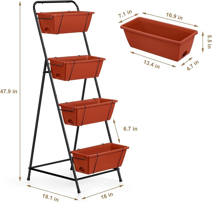 4 Tier Vertical Raised Garden Bed Planters for Outdoor Plants Herb Garden Planter with Drainage Holes Standing Garden Planters for Herbs Flowers Vegetables Plants (Brick Red)