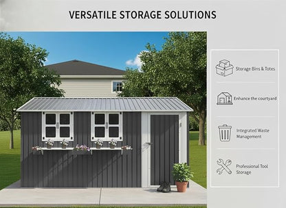 KEIKI 12x10 FT Outdoor Metal Storage Shed with 3 Clear Windows, Flower Rack Lockable Single Door Heavy Duty Steel Tool Shed Waterproof Rust Resistant Windproof for Backyard Garden Patio, Grey