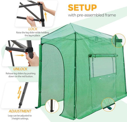 EAGLE PEAK 10x5 Portable Walk in Greenhouse, Pop Up Indoor Outdoor Greenhouse, Green House Kit with Zippered Roll-Up Doors and Windows, Lean-to Design, PE Cover, Clear/Green