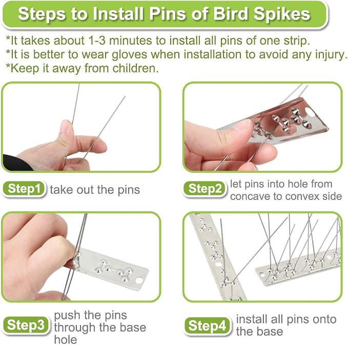 Bird Spikes for Pigeons Small Birds 100ft Stainless Steel Bird Spikes for Outside to Keep Birds Away for Critter Pricker Woodpecker Cat with Uninstalled Pins