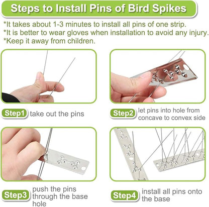 Bird Spikes Stainless Steel 100ft Coverage 93 Pack for Pigeons Small Birds Outdoor Use Bird Prevention Strips for Fence Crows Woodpeckers with 304 Stainless Steel Pins and Base Not Rusty