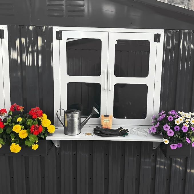 6x9 FT Outdoor Storage Shed with 2 Clear Openable Windows,Waterproof Metal Building Backyard Shed w/Windowsill & Garden Bed Flower Rack,Lockable Double Doors Tool Shed,for Yard,Coal Gray