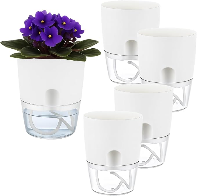 Planterhoma 5 Pack Self Watering Pots for Indoor Plants, 4 Inch Plant Pot Plastic Self Watering Planter for Orchid, African Violet, Small Clear Flower Pots with Drainage Holes and Wicking Rope, White