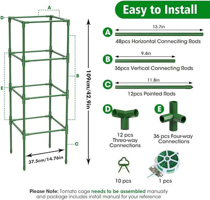 3 Pack Tomato Cages, 42 Inch Square Tomato Cage for Raised Garden Bed, Rust-Proof Sturdy Tall Tomato Trellis Supports for Climbing Plants Outdoor with Clips Wire