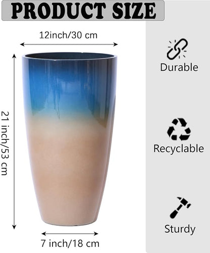 Tall Planters for Outdoor Plants, Heavy-Duty Plastic Lightweight Flower Pots Blue to Khaki Gradient Garden Pots Porch Planters Outdoor Set of 2 Gifts for Plant Lovers