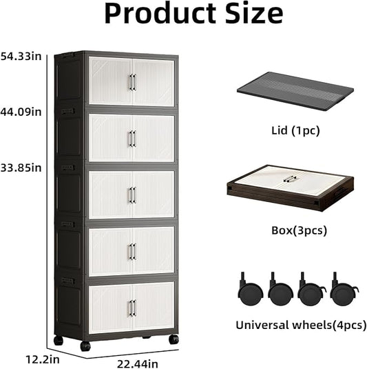 4 Tier Foldable Storage Cabinet with Wheels and Magnetic Doors, Premium PP Material Large Storage Organizer, Space-Saving Utility Storage for Home, Apartments, Dorm, Office, Rv