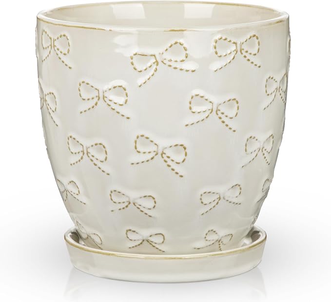 Hollyone 6 Inch White Ceramic Planter Flower Plant Pot with Drainage Hole and Saucer for Plants Embossed Indoor Outdoor Garden Embossed Ceramic Glazed Round Pot for Succulent Orchid Bow Pattern