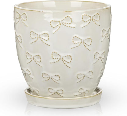 Hollyone 6 Inch White Ceramic Planter Flower Plant Pot with Drainage Hole and Saucer for Plants Embossed Indoor Outdoor Garden Embossed Ceramic Glazed Round Pot for Succulent Orchid Bow Pattern