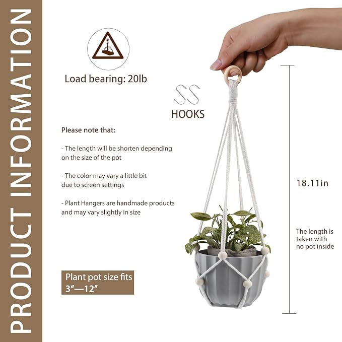 Artilady Hanging Planter for Indoor Plants Adjust Bead Macrame Plant Hanger | White Plant Holder, Large Hanging Baskets for Plants Outdoor, No Tassels, Farmhouse Rustic, Window Balcony Home Decor, 2Pcs