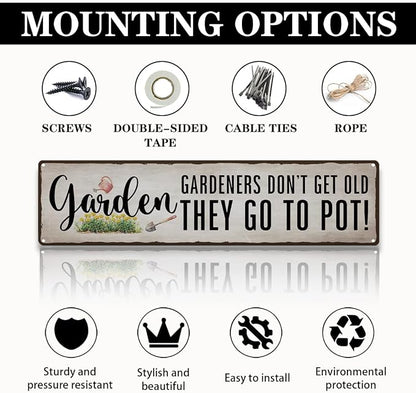 Funny Garden Metal Tin Sign, Gardeners Don't Get Old Tin Sign, Vintage Farmhouse Outdoor Wall Decor, for Porch Patio Fence, Gift for Garden lover, 15.7 x 3.9 Inches