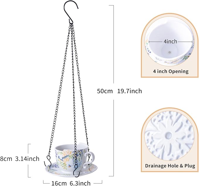 TEATALK Hanging Planters for Indoor Plants, Ceramic Pots with Drainage Hole, 4 Inch Hanging Planter with Chain, Outdoor Hanging Baskets for Plants, Birds & Flowers, Cup Shape