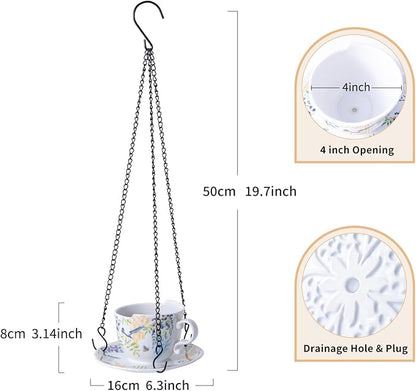 TEATALK Hanging Planters for Indoor Plants, Ceramic Pots with Drainage Hole, 4 Inch Hanging Planter with Chain, Outdoor Hanging Baskets for Plants, Birds & Flowers, Cup Shape