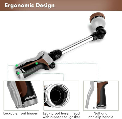 RESTMO Heavy Duty Metal Hose Wand, Watering Wand for Garden Hose | 180° Swivel Ratcheting Head, 16'' Hose Sprayer, 7 Spray Patterns, Flow Control, Ideal for Hanging Baskets & Shrubs, Brown