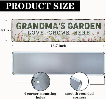 Garden Metal Tin Sign, Grandma’s Garden Love Grows Here Sign, Vintage Floral Farmhouse Outdoor Wall Decor, for Porch Patio Fence, Gift for Grandma Gardens Decor, 15.7 x 3.9 Inches