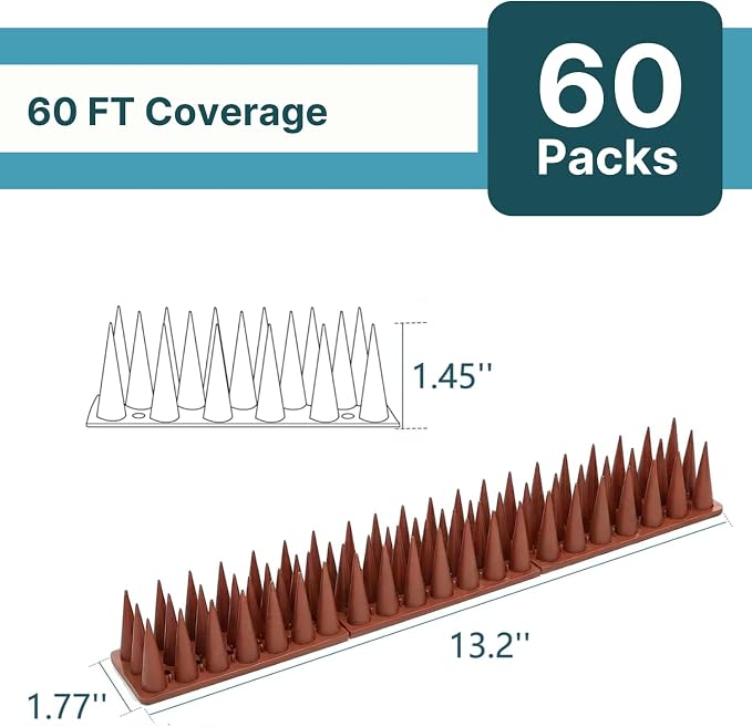 Bird & Animal Deterrent Spikes, 60 Packs Outdoor Plastic Spike Strips for Roof, Ledges, Fence, Walls & Railing, Humane Squirrel, Raccoon & Pigeon Barrier, 60 FT Coverage, Brown