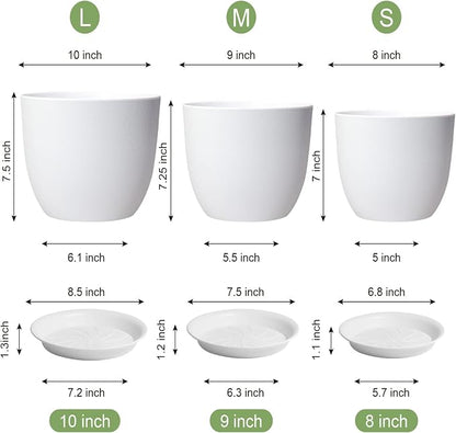 WSMKSZ 10/9/8 inch Medium Flower Pots, 3 Pack Modern Decorative Plastic Planters with Drainage Holes and Tray, Plant Pots for Indoor Outdoor Plants, White