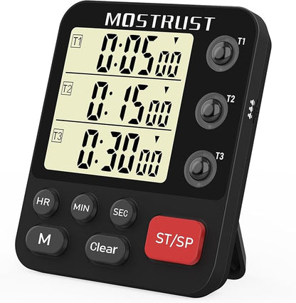 Digital Dual Kitchen Timer, 3 Channels Triple Countdown Timer for Cooking, Magnetic Memory-Preset Large Display Adjustable Volume, Multi Time Management, 3A Battery Included, Black