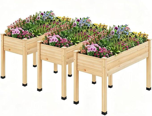 Wood Raised Garden Bed, 48x24x30in Elevated Wooden Planter Box with Legs Standing Growing Bed for Backyard, Patio, Balcony with Bed Liner, 200 Pound Capacity 3PCS