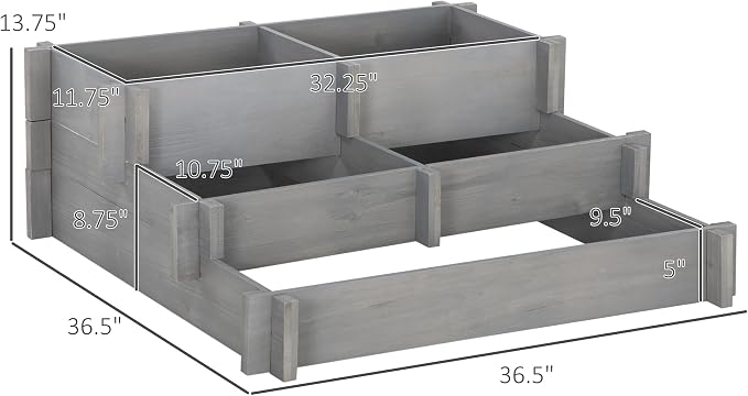 Outsunny 3-Tier Raised Garden Bed with 5 Compartments and Bed Liner, Fir Wood Elevated Planter Box, for Vegetables, Herbs, Outdoor Plants, 37 x 37 x 14in, Gray