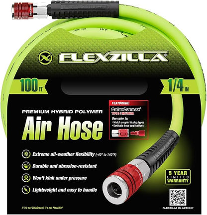 Flexzilla HFZ14100YW2-D Air Hose with ColorConnex Industrial 100 Feet | 1/4" Hose I.D. | Revolutionary Design | Lightweight and Heavy Duty | Pre-Sealed Threads