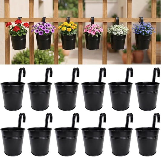 LaLaGreen Outdoor Rail Planter (6 in, 12 Pack) Black Metal Iron Fence Pots | Rail planters for balcony, apartment, patio, deck, outdoor plants, flower boxes, plant hangers, macetas exteriores