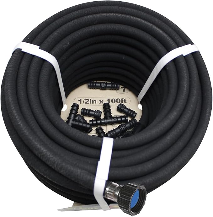 Soaker Hose 100ft - 1/2 Round Rubber Garden Soaker Hoses Kit, Heavy Duty Irrigation Drip Hose, Water Seeper Soaking Hose for Gardens, Flower Beds And Lawn Yard