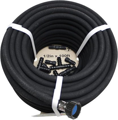 Soaker Hose 100ft - 1/2 Round Rubber Garden Soaker Hoses Kit, Heavy Duty Irrigation Drip Hose, Water Seeper Soaking Hose for Gardens, Flower Beds And Lawn Yard
