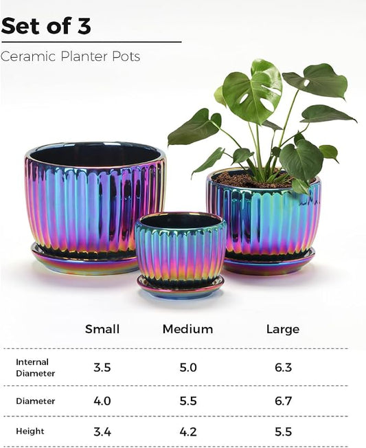 Ton Sin Flower Pots, Purple Ceramic Plant Pots Set of 3,Small Glazed Succulent Pots with Drainage Hole,Cactus Planter with Saucer,Outdoor Garden Pots (Colorful Gold)