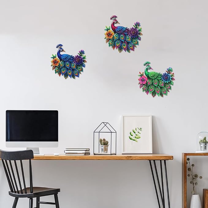 dreamskip 3 Piece Metal Peacock Wall Decor, Iron Tropical Peacocks Wall Art, Outdoor Metal Birds Garden Wall Decors Sculptures for Patio Fence Living Room Housewarming Gifts