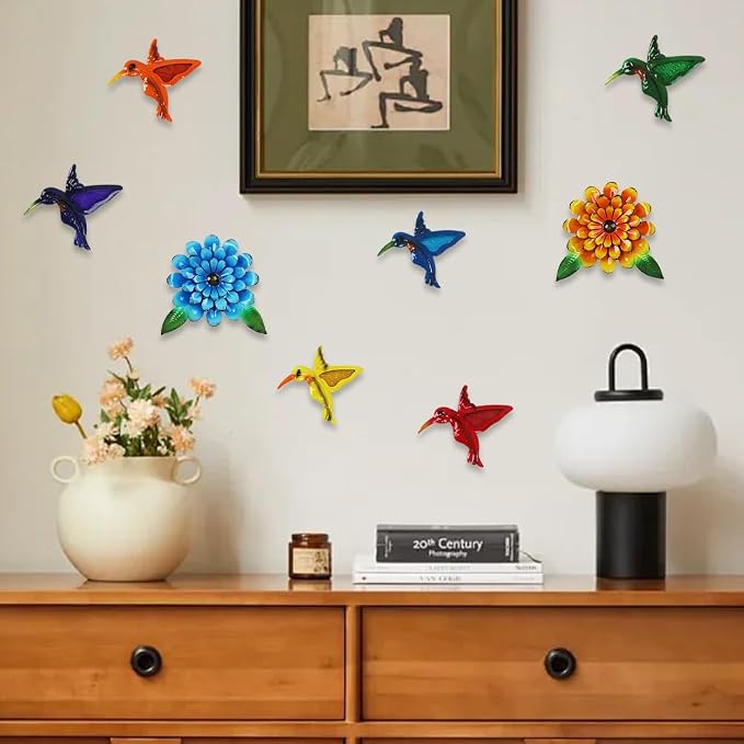 8 PCS Metal Hummingbird Flower Wall Art Garden Decor, 6“ Birds Sunflower Outdoor Wall Art, 3D Colorful Bird Wall Hanging Art Sculpture Outside Living Room Porch Garden Yard
