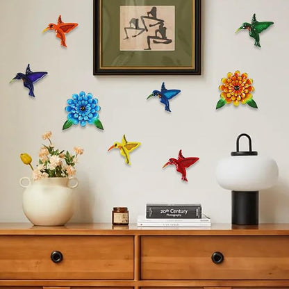 8 PCS Metal Hummingbird Flower Wall Art Garden Decor, 6“ Birds Sunflower Outdoor Wall Art, 3D Colorful Bird Wall Hanging Art Sculpture Outside Living Room Porch Garden Yard