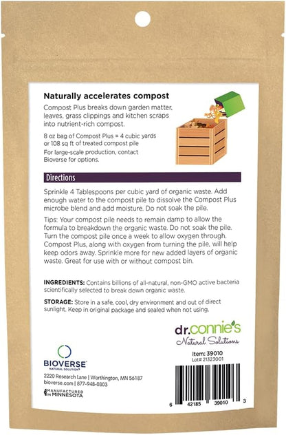Dr. Connie’s Compost Plus – 100X Concentrated Starter & Accelerator | Natural Microbe Activator for Bins, Tumblers & Piles | Odor Control Garden Waste Additive (Indoor & Outdoor)
