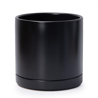 D'vine Dev 10 Inch Ceramic Planter Pot with Drainage Hole and Saucer, Indoor Cylinder Round Planter Pot, Black, 94-O-E-2
