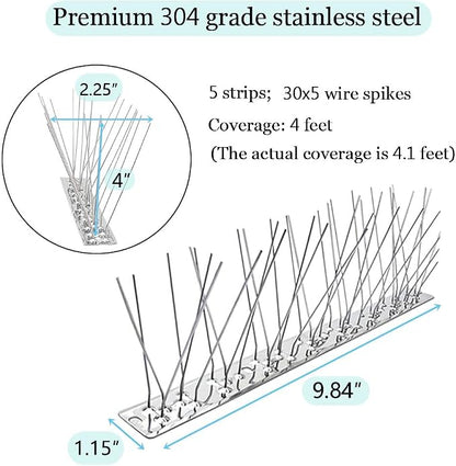 PANGCH Bird Spikes,Stainless Steel Bird Spikes Metal Bird Spikes Fence Spikes Easy to Install - 5 Strips 4.1 Feet Coverage