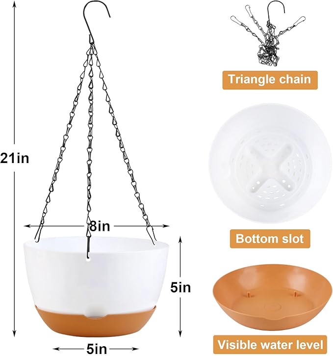 KPUVX 4 Pack Hanging Baskets for Plants Outdoor,8 Inch Plastic Hanging Planter for Plants Indoor with Drainage Holes and Chain for Garden Porch Plants(White+Black+Green+Beige)