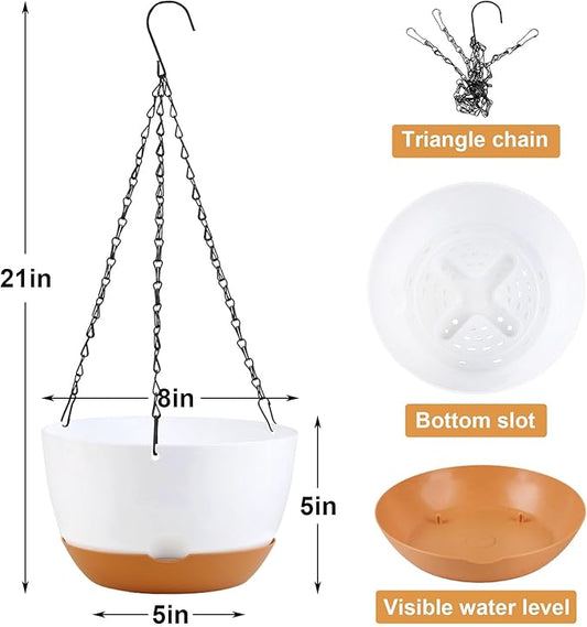 KPUVX 4 Pack Hanging Baskets for Plants Outdoor,8 Inch Plastic Hanging Planter for Plants Indoor with Drainage Holes and Chain for Garden Porch Plants(White+Black+Green+Beige)
