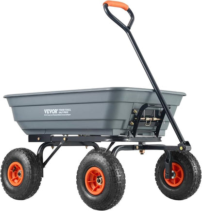 VEVOR 4 Cu.Ft. 600lbs Poly Garden Dump Cart, Heavy Duty 4 Wheel Wheelbarrow Yard Cart Dump Wagon with 10in All Terrain Wheels, Steel Frame and Quick Release System