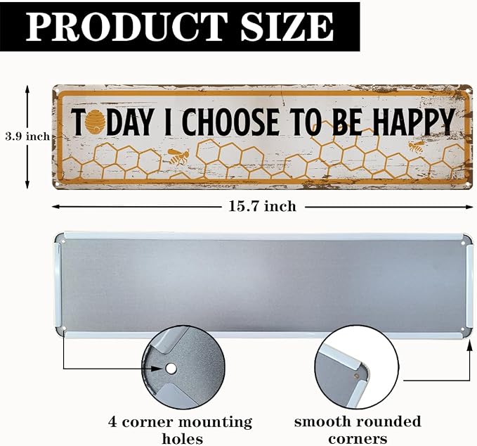 Funny Metal Tin Sign, Vintage Farmhouse Decor, Today I Choose to Be Happy Inspirational Sign, Bee Wall Art for Yard Fence Door Porch, Indoor Outdoor Decoration, 15.7 x 3.9 Inches