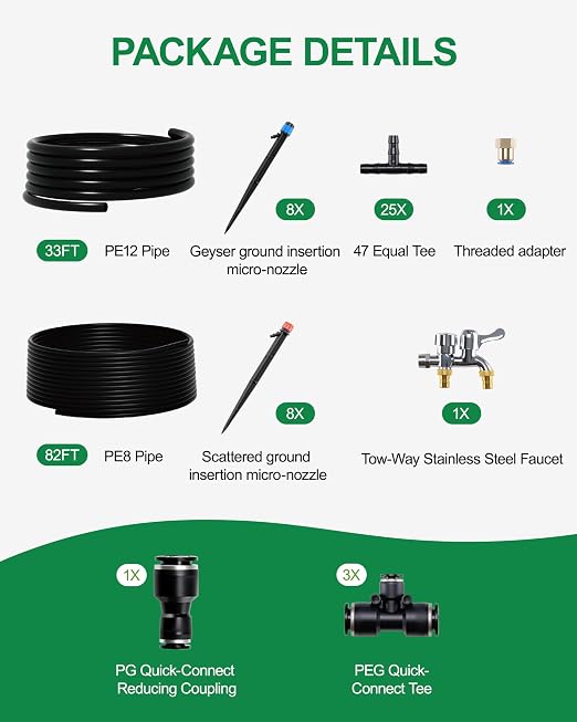 Drip Irrigation System for Garden, Automatic Garden Watering System with 115FT 1/2” & 1/3” Tubing, Dual Faucet, Adjustable Nozzle Emitters for Garden, Greenhouse, Lawn, Potted Plants