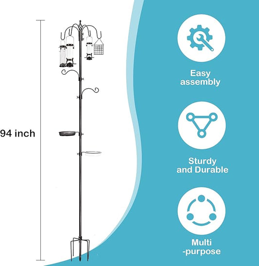YINGYM 6-Hook Bird Feeding Station Kit, Wild Bird Feeder Stand Pole, Multi-Feeder Kit Stand with 4 Feeders, Bird Bath and Mesh Tray, 94 Inch