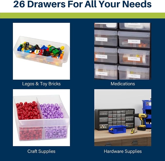 Akro-Mils 26-Drawer Plastic Drawer Storage Cabinet for Garage Organization, Bead Organizer, Building Bricks Storage, Teacher Toolbox, Makeup Organizer, 20-Inch W x 6-Inch D x 10-Inch H, 10126 Black