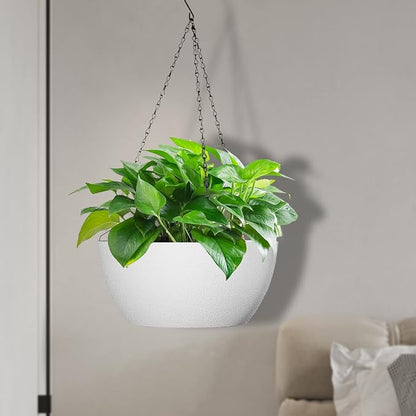 WSMKSZ 10 inch Hanging Planters for Outdoor Indoor Plants with Drainage Holes and Chain, 2 Pack Round Hanging Flower Plant Pots for Garden Home Porch Decor, White