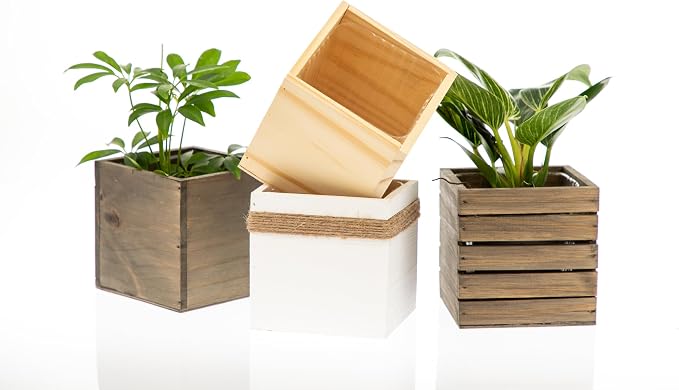 Jute Rope Wood Planter (7"x7") Whitewashed Wooden Boxes l Garden Centerpiece Display l Wedding Flowers Holder (Set of 2)