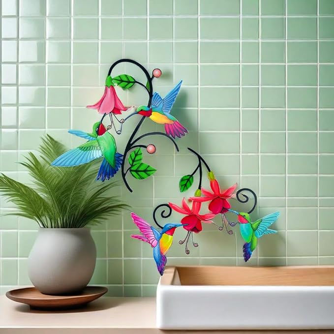 Meduofon 2 Pack Metal Hummingbird & Flower Outdoor Wall Art Decor, Creative Wall Decor for Patio, Fence, Deck, Garden, Home, Kitchen, Balcony